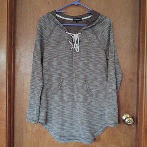 WOMEN'S THERMAL KNIT PULLOVER HOODED KANGAROO POCKET OLIVE GREEN WHITE SIZE L